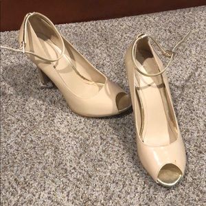 Nude open toe pumps with ankle strap